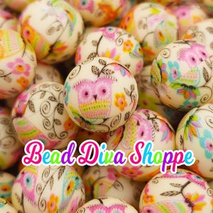 Set of 10 - 15mm - sweet owls - round silicone beads for diy and jewelry making supplies - keychains - beaded pens