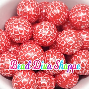 20mm - red heart checkered print beads - bubblegum - round acrylic beads for diy and jewelry making supplies