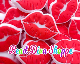 Set of 2 -  33mm x 22mm - red lips - focal  beads - diy jewelry making - beaded pens - keychains - bracelets