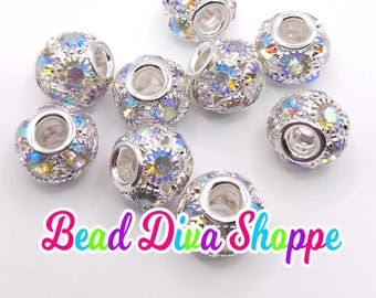 12mm - set of 5 - silver ab -  big holes crystal rhinestone hollow spacer rondelles bead for diy and jewelry making supplies