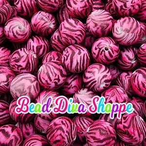 Set of 10 - 15mm - pink / black - tiger stripes - round silicone beads - diy jewelry making - beaded pens - keychains - bracelets