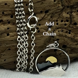 Pendentif chaîne de montagnes en argent sterling avec soleil en bronze, ajouter une chaîne, breloques en mélange de métaux, bijoux de montagne, cadeau de bijoux, pendentif ovale