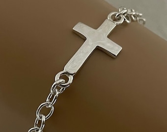 Silver Cross Bracelets, Christian Jewelry, Silver Charm Bracelet, Sterling Silver Chain Bracelet, Hammered, Smooth