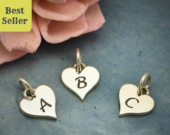 Initial Heart Charms, Sterling Silver Small Letter Heart Charms, Initial Font Charms, Initial Heart Charms, Uppercase Letter
