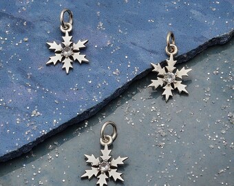 Sterling Silver Snowflake Charm with Single Nano Gem, A6356, Snowflake Charm, Christmas Charm