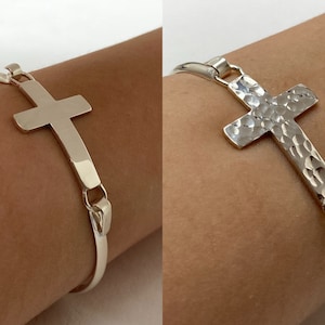Sterling Silver Cross Bangle Bracelets, Two Styles to Choose From, Christian Jewelry, Hammered Finish, Smooth Finish