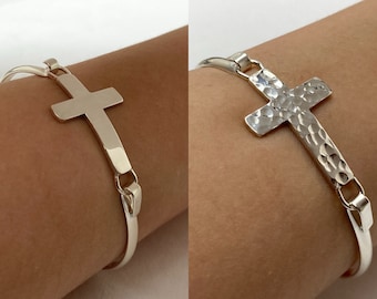 Sterling Silver Cross Bangle Bracelets, Two Styles to Choose From, Christian Jewelry, Hammered Finish, Smooth Finish