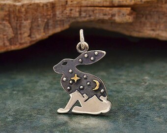 Sterling Silver Hare Charm with Bronze Star and Moon 20mm - a6237