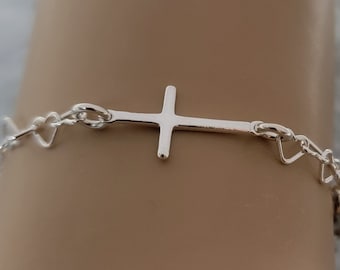 Sterling Silver Sideways Cross Bracelet with Heart Chain, Religion, Cross Bracelet