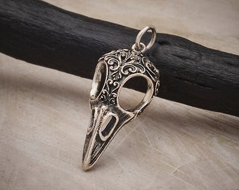 35% Off NO Coupons Needed, Sterling Silver Raven Skull Charm with Scroll Carving,S7028, Skull Jewelry