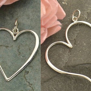 Curvy Heart Pendant, Straight Heart Charm, Sterling Silver Large Open Heart Pendant, Heart Charms