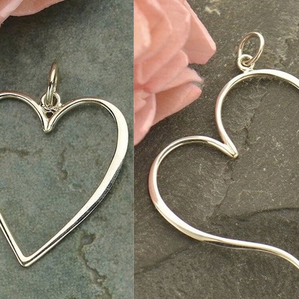 35% Off NO Coupons Needed, Curvy Heart Pendant, Straight Heart Charm, Sterling Silver Large Open Heart Pendant, Heart Charms