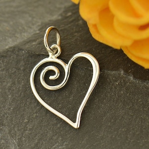 Sterling Silver Open Heart Charm with Swirl, S3020, Heart Charms, Sterling Silver Open Heart Charm
