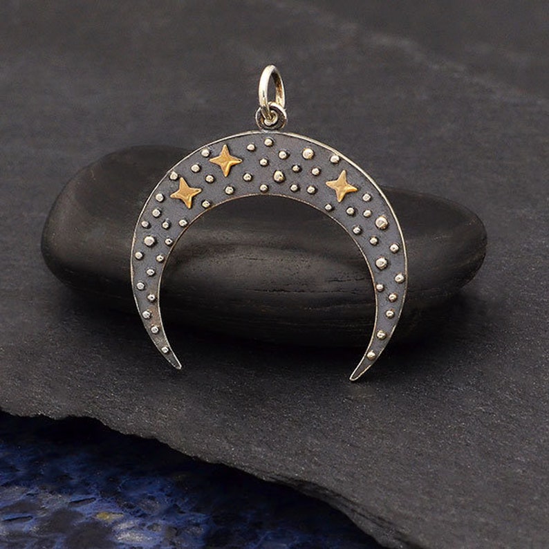 Sterling Silver Moon Pendant with Bronze Stars 28mm Mixed Etsy