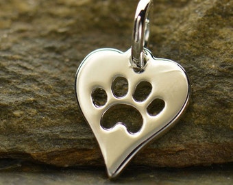 Sterling Silver Heart with Paw Print Charm, A1161, Pet Charm, Dog Paw Charm, Cat Paw Charm