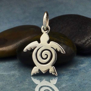 Sterling Silver Sea Turtle Charm with Spiral, A4061, Pet Charms, Turtle Jewelry, Turtle Charms, Beach Charm, Marine Animal Charms