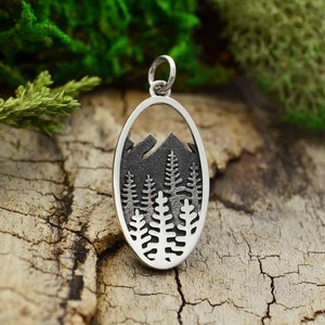 Sterling Silver Layered Tree and Mountain Oval Charm, Mountain Jewelry, Nature Gift, Travel, Jewelry Gift