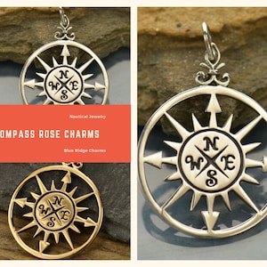 Sterling Silver Compass Rose Pendants, Natural Bronze Compass Rose Pendant, Nautilus Charm, Nautical Charm, Graduation Gift