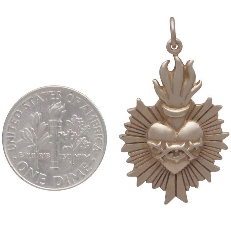 Sterling Silver Sacred Heart Jewelry Flaming Sacred Heart Pendant with Thorns Bronze Sacred Heart Charm Heart Sacred Heart Pendant