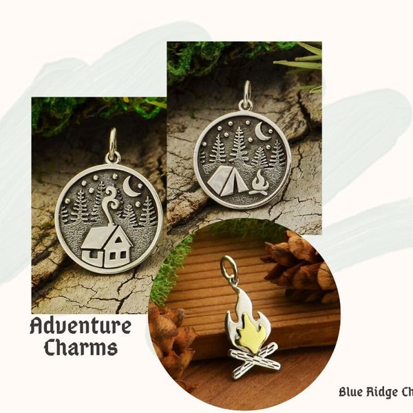 Sterling Silver Cabin Charm with Trees and Moon, Tent Charm, Camping Charm, Adventure Charms, Campfire Scene Charm, Camping Scene Charm