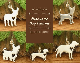 Silhouette Dog Charms, French Bulldog Charm, Labrador Retriever Charm, Yorkshire Terrier Charm, Dachshund Charm, Dog with Heart Charm