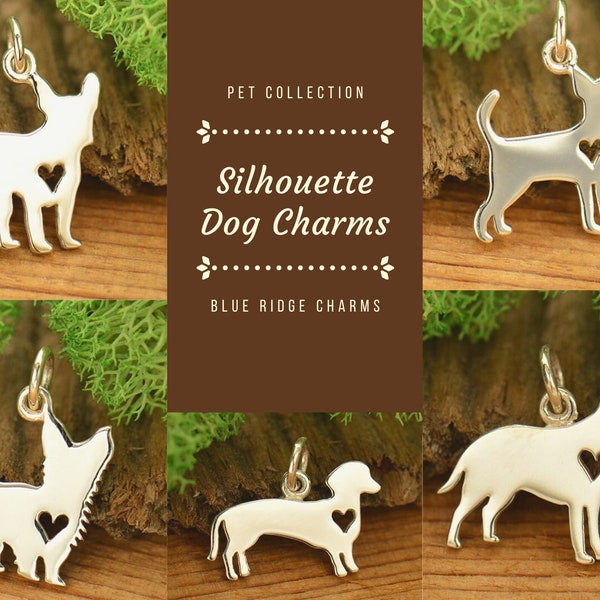 Silhouette Dog Charms, French Bulldog Charm, Labrador Retriever Charm, Yorkshire Terrier Charm, Dachshund Charm, Dog with Heart Charm