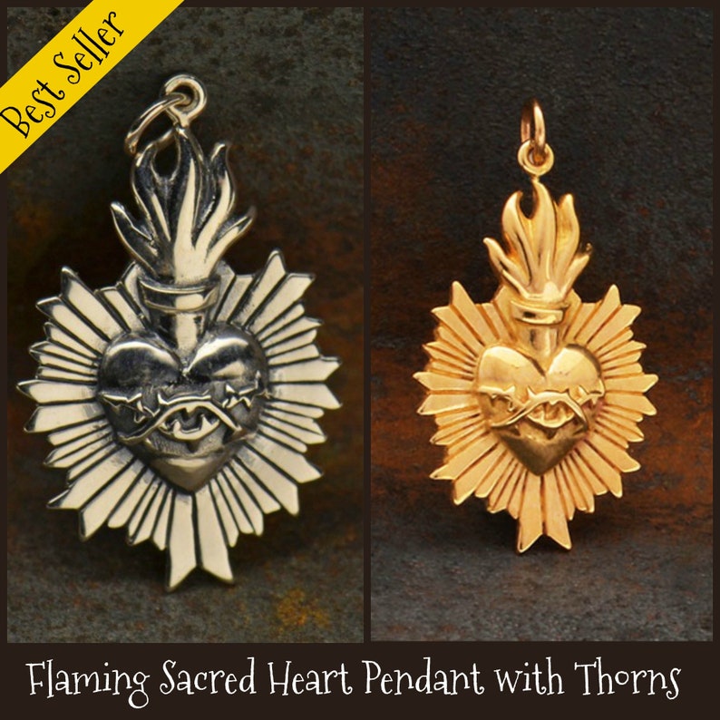 Sterling Silver Sacred Heart Jewelry Flaming Sacred Heart Pendant with Thorns Bronze Sacred Heart Charm Heart Sacred Heart Pendant