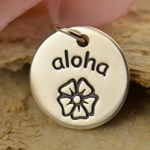 Sterling Silver Word Charm - Aloha - Round, Hawaiian Charm, Hibiscus Flower