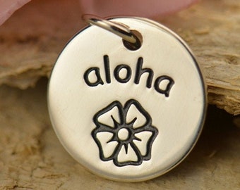 Ciondolo con scritta in argento sterling - Aloha - Ciondolo rotondo hawaiano, fiore di ibisco