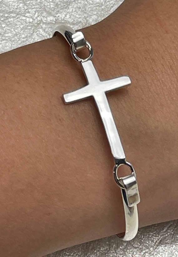 Sterling Silver Medium Slim Cross Bangle Bracelets Christian