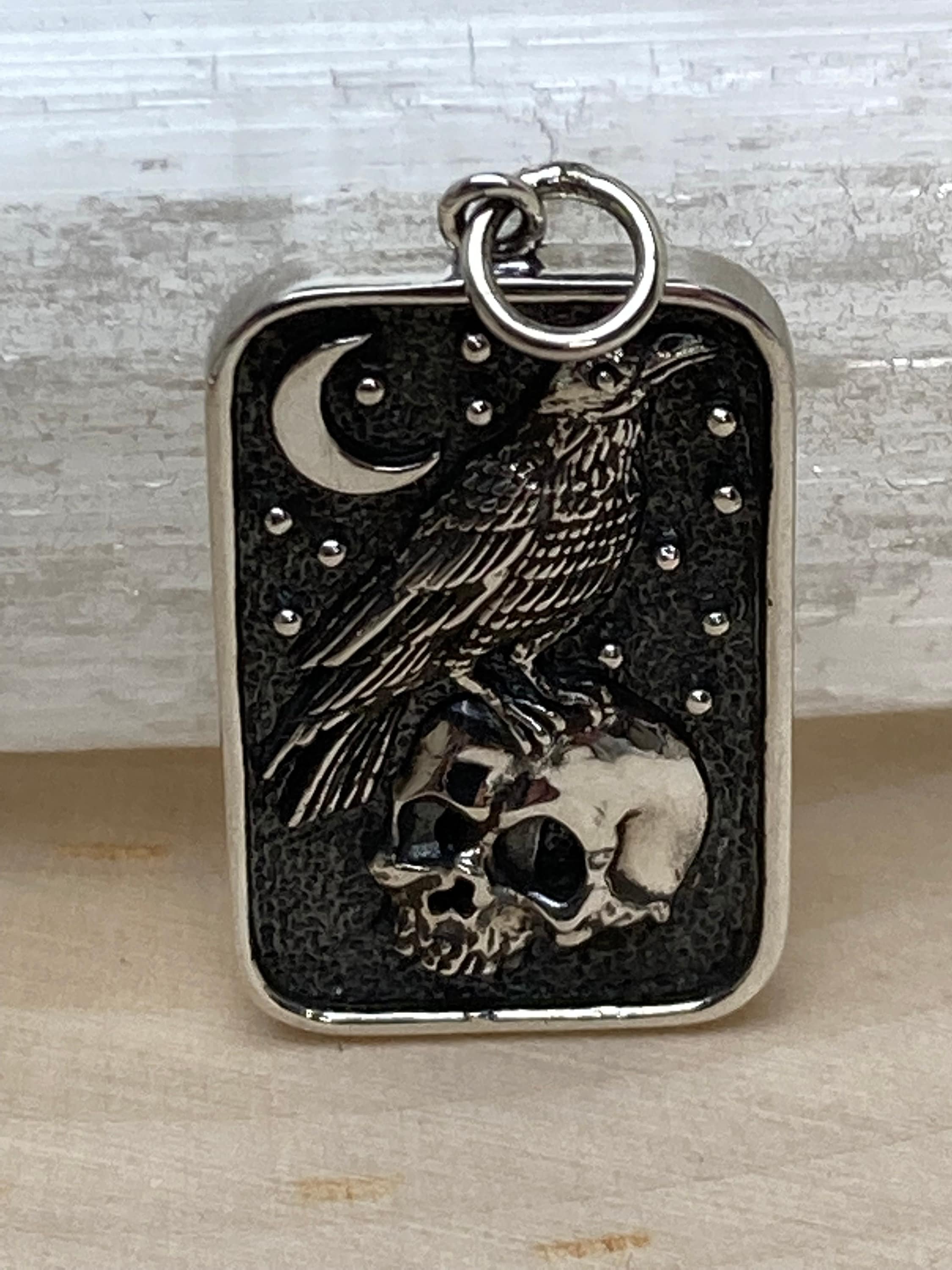 Sterling Silver Skull and Raven Pendant, A4195  Messenger of God, Aviary, Avian,  Bird Charm