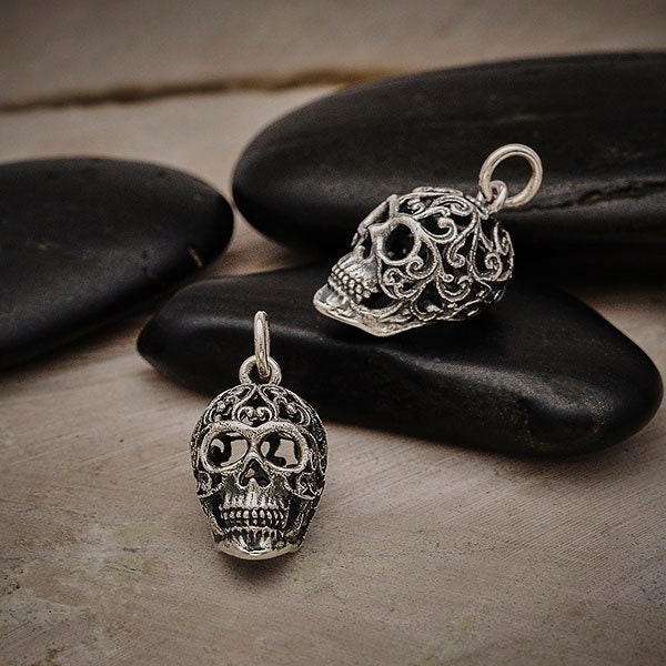 35 % de réduction AUCUN coupon nécessaire, breloque tête de mort en sucre en argent sterling avec parchemin en filigrane, s7041, breloque tête de mort mexicaine, bijoux tête de mort