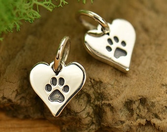 On Sale 30% Off, Sterling Silver Paw Print Charm on Heart, a1627, Pet Charm, Dog Paw Charm, Cat Paw Charm