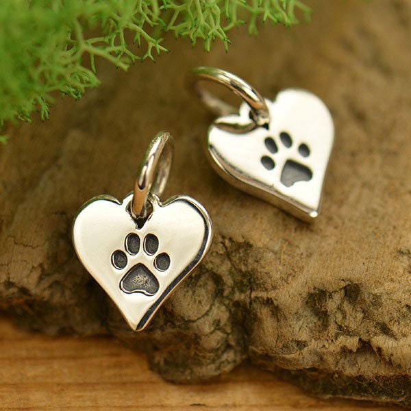 On Sale 30% Off, Sterling Silver Paw Print Charm on Heart, a1627, Pet Charm, Dog Paw Charm, Cat Paw Charm