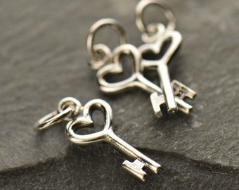 Tiny Sterling Silver Heart Key Charm, A1282, Sterling Silver Key Charm, Small Key Charm, Heart Charm, Youth Charms