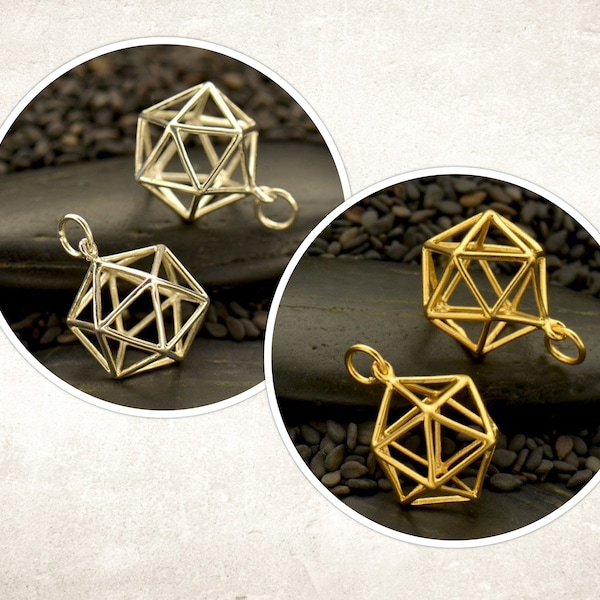 35% Off NO Coupons Needed, Wire Icosahedron Pendant, Sterling Silver, Gold Plated, Natural Bronze