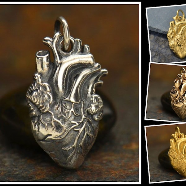 35% Off NO Coupons Needed, Anatomical Heart Charm, Sterling Silver, Natural Bronze, Gold Plated