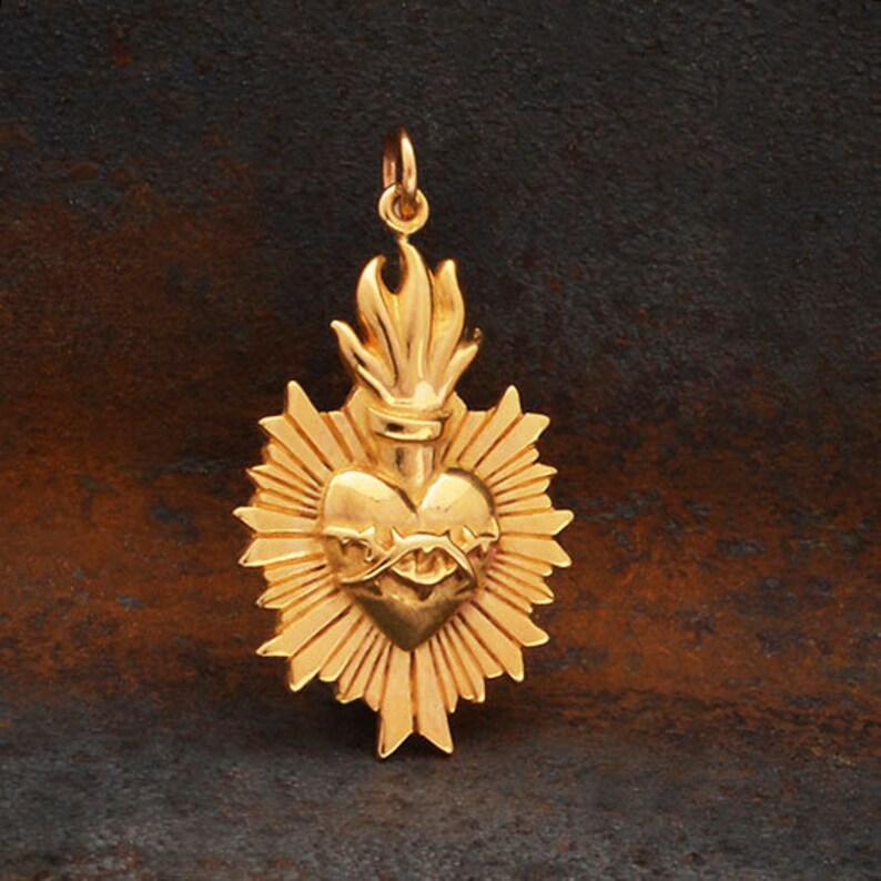Sterling Silver Sacred Heart Jewelry Flaming Sacred Heart Pendant with Thorns Bronze Sacred Heart Charm Heart Sacred Heart Pendant