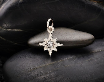 Sterling Silver 8 Point Star Charm with Nano Gem - 16mm, Star Charm, Celestial Jewelry, 8 Point Star Charm