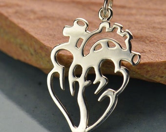 Sterling Silver Anatomical Heart Charm Flat, A1425, Heart Charms, Vascular Heart Charm
