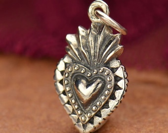 Sterling Silver Sacred Heart Charm, A1076, Sacred Heart Pendant, Heart Jewelry