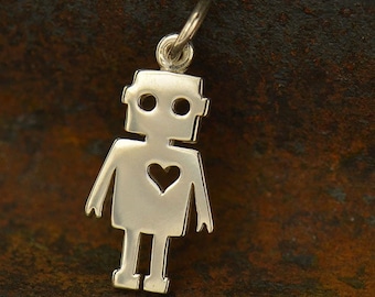 35% Off NO Coupons Needed, Sterling Silver Cut Out Robot Charm, A1580