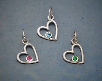 Sterling Silver Birthstone Heart Charm, Birthstone Charms, Birthstone Jewelry, Heart Jewelry, Crystal Heart Charm