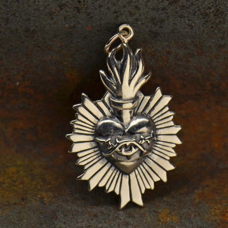 Sterling Silver Sacred Heart Jewelry Flaming Sacred Heart Pendant with Thorns Bronze Sacred Heart Charm Heart Sacred Heart Pendant