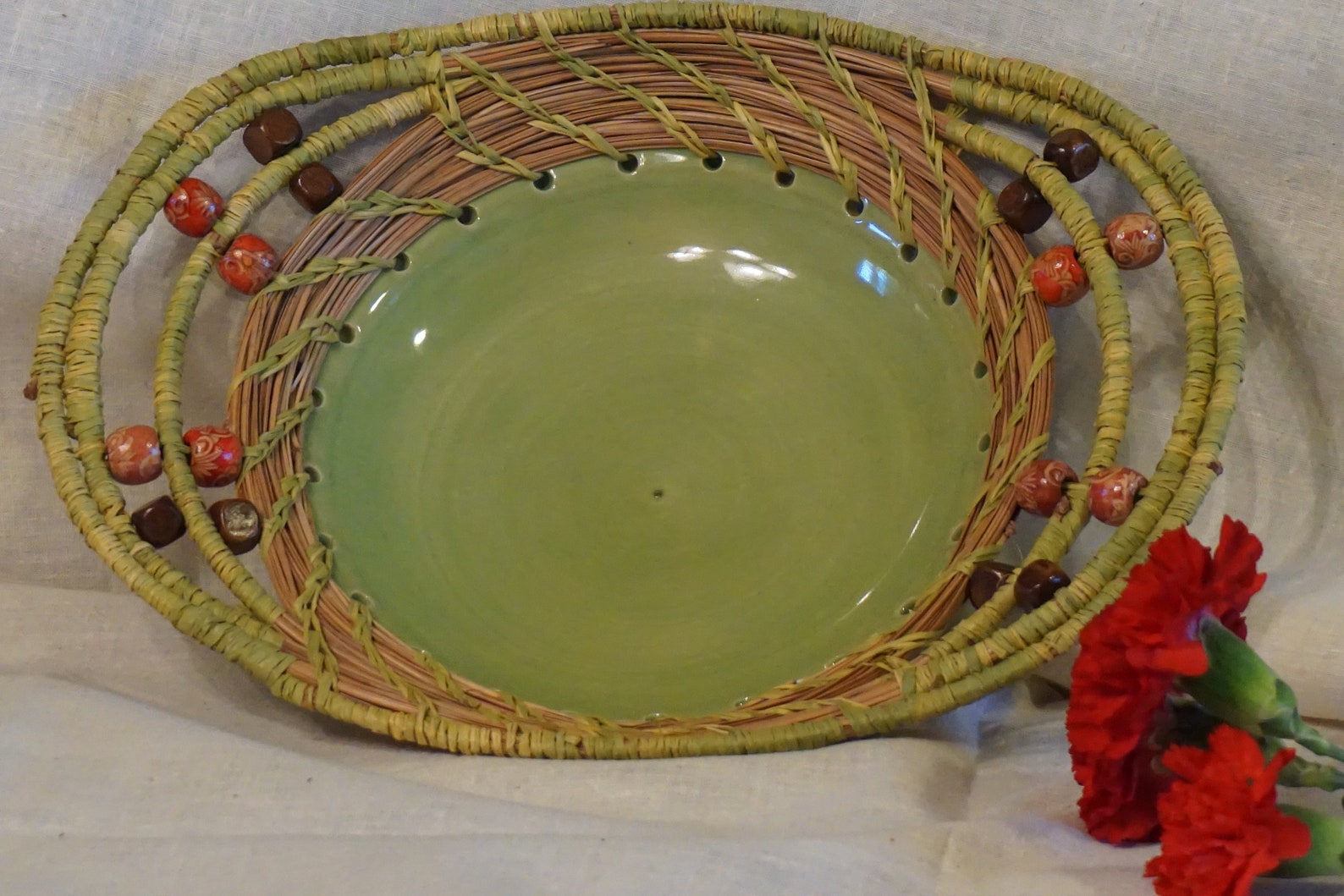 Handmade ceramic bowl with pine needle weaving and bead Etsy