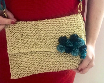 Small raffia baguette floral bag Envelope purse Evening armpit pouch Fully lined Long removable leather belt Hand crocheted Gift for sister