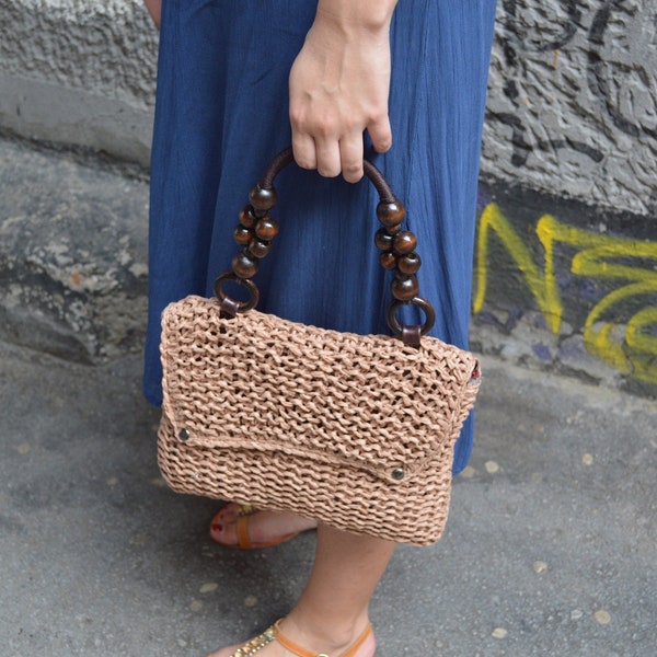 Caramel Raffia Crochet Baguette Bag Wood Bead Rope Top Handle Leather Inner Flap Fully Lined Handmade Woven Straw Purse Gift Idea For Wife