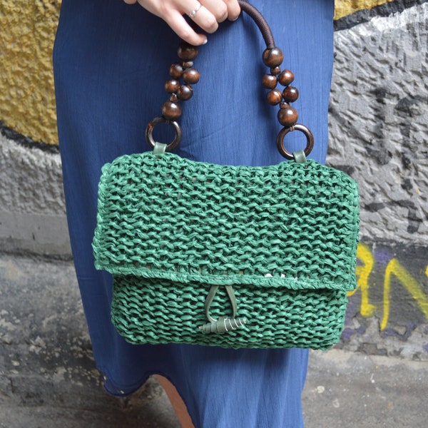 Crochet Baguette Handbag Raffia Green Summer Woven Purse Fully Lined Handle Wooden Beaded Leather Inner Cover Unique Gift For Mum