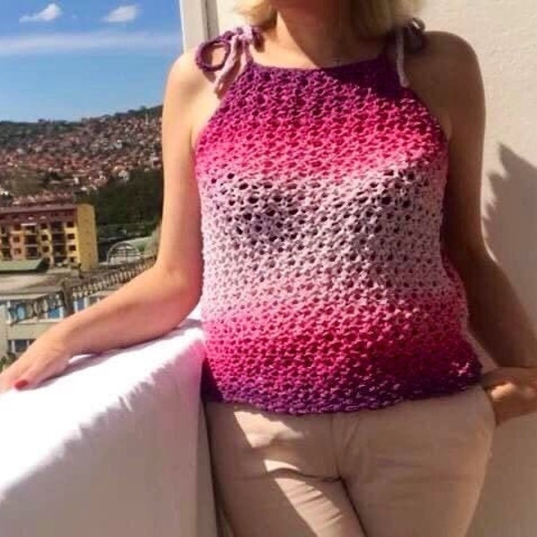 Summer Lace Blouse Breeze Sleeveless Tank Top Dusty Rose Pink Color Adjustable Straps Women’s Open-Work Hand Knit Size S/M Gift For Her
