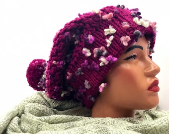 Slouchy oversized beanie hat in fuchsia pink with flowers Hand knit warm baggy toque Winters boho cap for women’s More colours Gift For Her